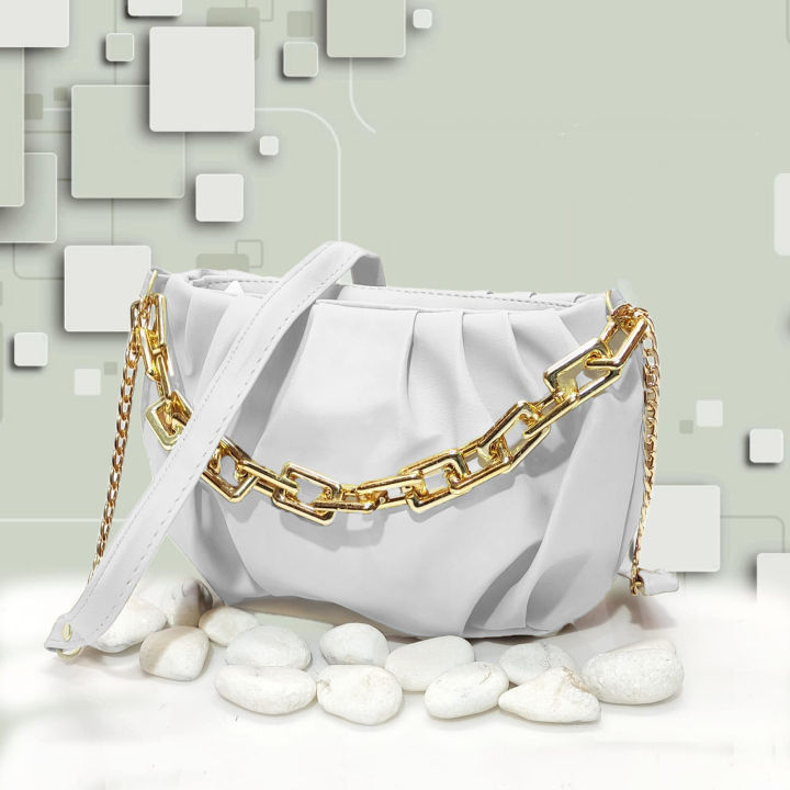 White - Hand bags for girls with Stylish Golden chain And Long strap