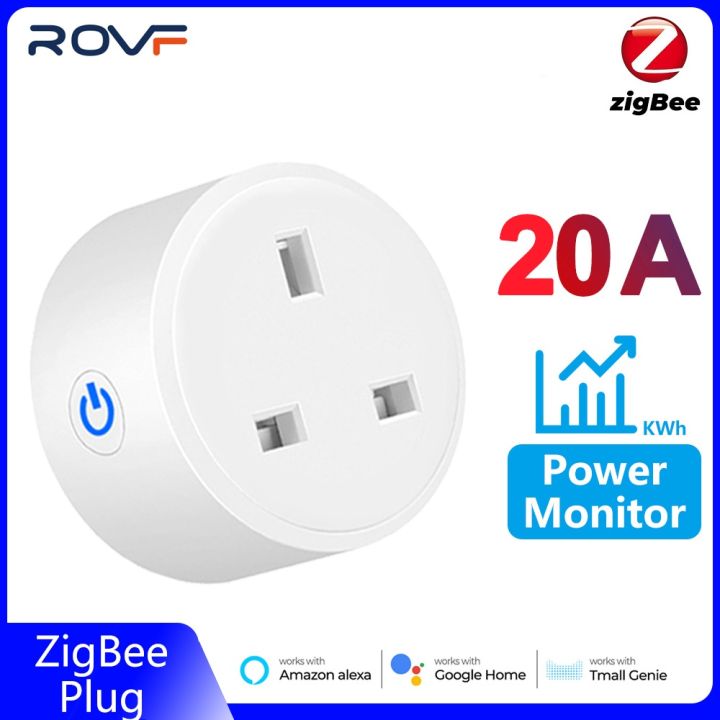 ROVF Smart Zigbee Socket 20A Uk Plug Wireless Control Outlet with Power Monitor Electrical Timer Adaptor Voice Works with Tuya Alexa Google Home Tmall Genie