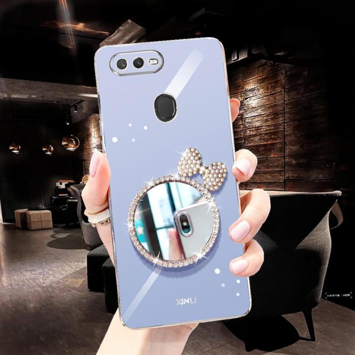 For OPPO A5s Back Cover + Bowknot Makeup Mirror Fashion Shiny Plating Square Bumper Bling Girls Phone Case Soft TPU Silicone Shockproof Back Cover