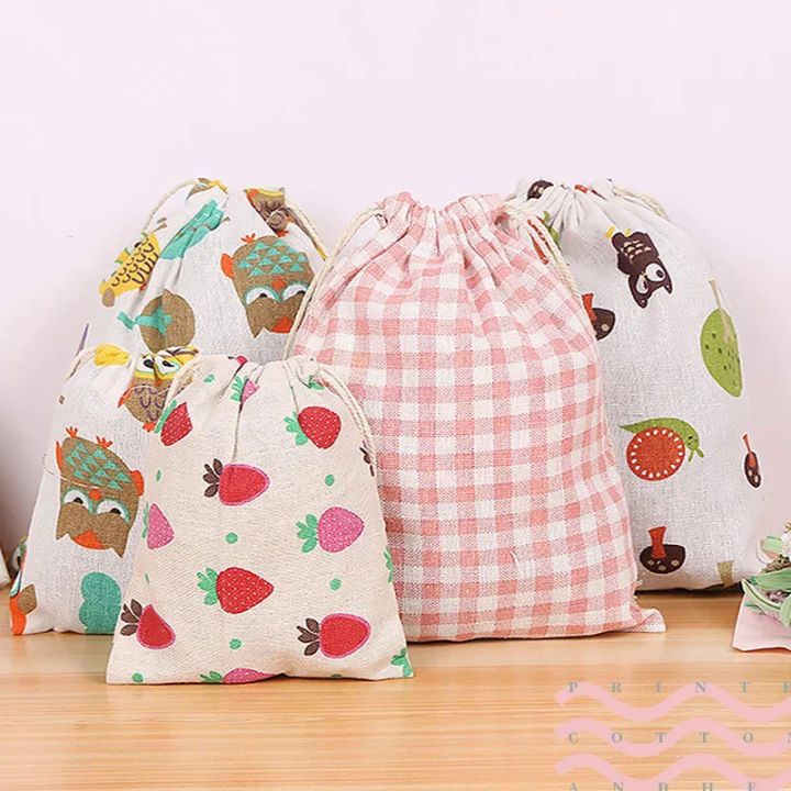 Cotton Linen Fabric Pouch Drawstring Bag Cute Animal Plant Print Kids Travel Cloth Shoes Storage Bag Makeup Case Xmas Gift Bag Daraz.pk