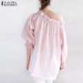 ZANZEA Womens Long Lantern Sleeve Elastic One Shoulder Waterfall Loose Blouse Shirt Pink. 