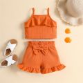 Infant Baby Two Piece Set, Toddler Solid Color Sleeveless Camisole Tops Elastic Waist Ruffle Hem Shorts. 