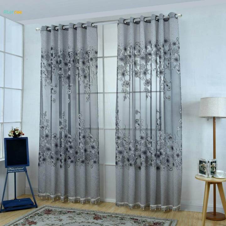 Floral Window Curtains Panel Net Drape Balcony Office Decor Grey w/ beads