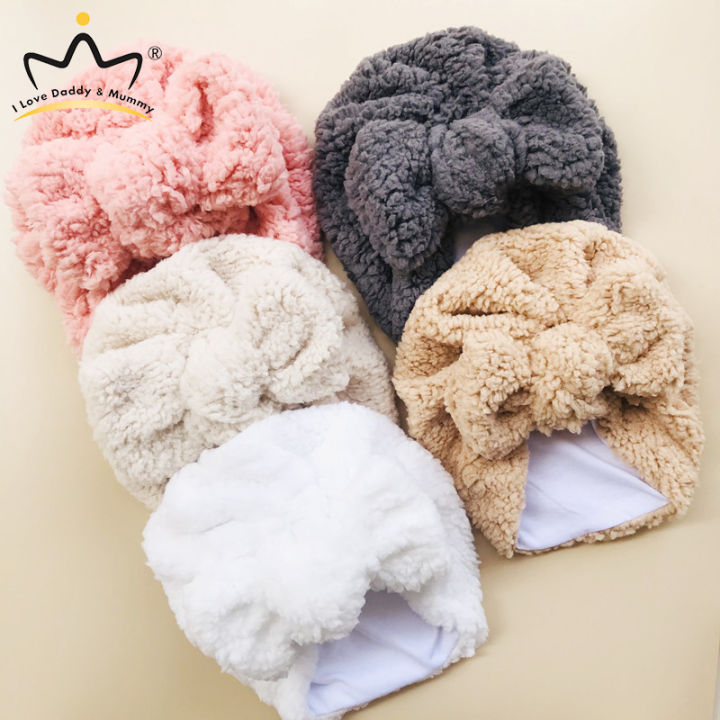 I LOVE DADDY&MUMMY-Bows Baby Hat Winter Infant Toddler Beanie Cap Plush Thick Warm Kids Girl Boy Bonnet Hat Solid Color Head Wrap Kids Accessories