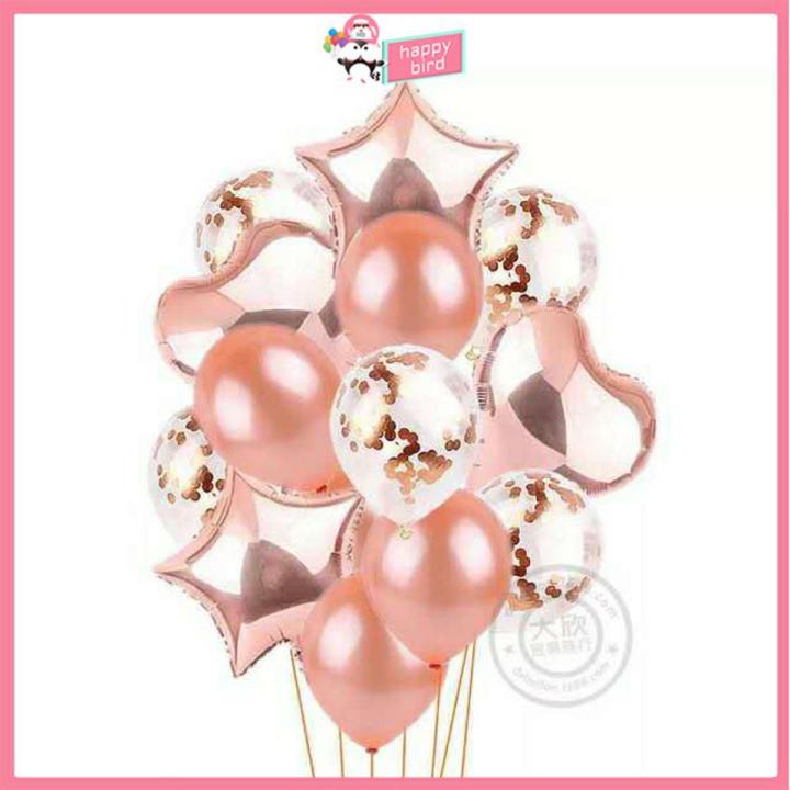 14 Pack Rose Gold Foil Confetti Latex Balloons Set, Heart & Star Shaped Balloons for Weddings Birthday Party Decoration, Bridal & Baby Showers, Backdrop, Balloon Arch