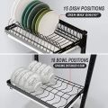 2 Tier Kitchen Dish Rack Hanging Drying Plate Organizer Storage Shelf over the Sink, Wall Mount Bowl Holder with Drain Tray And 3 Hooks. 