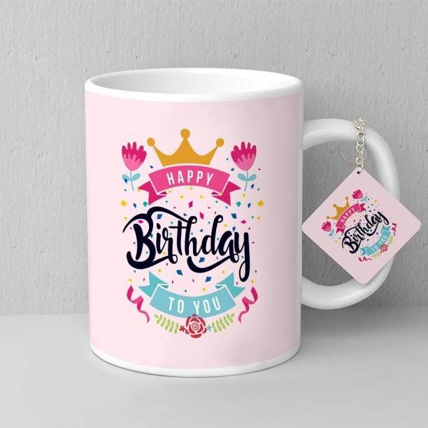Gift Pack : Happy Birthday Printed Customized Mug and Keychain