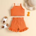 Infant Baby Two Piece Set, Toddler Solid Color Sleeveless Camisole Tops Elastic Waist Ruffle Hem Shorts. 