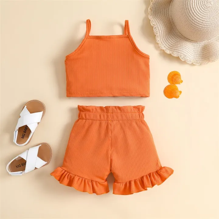 Infant%20Baby%20Two%20Piece%20Set,%20Toddler%20Solid%20Color%20Sleeveless%20Camisole%20Tops%20Elastic%20Waist%20Ruffle%20Hem%20Shorts%20-%20Image%202