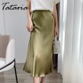 Satin Silk A-line Midi Skirt for Women, High Waist, Summer Korean Style. 