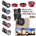 3 In 1 Wide Angle Macro Fish Eye Lens Universal Mobile Phone Fisheye Lenses For iPhone Samsung Huawei Xiaomi Redmi Camera Kits-Red. 