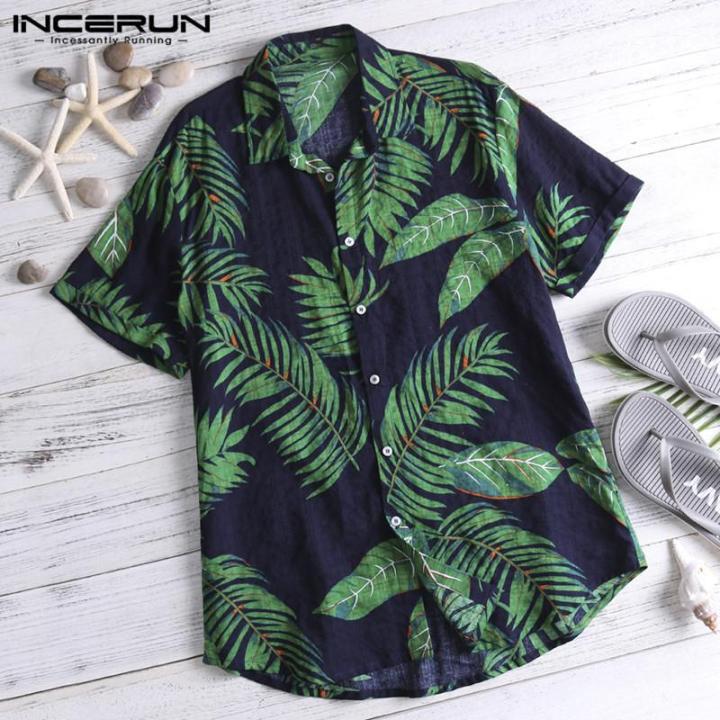 INCERUN Vintage Mens Floral Flower Printed Shirts Short Sleeve Casual Blouse Beach Tops