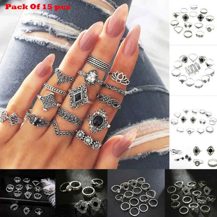 15Pcs Set Alloy Silver Black Stone Party Anillo Crown Elephant Wedding Anniversary Rings For Girls Variety Ladies Daraz.pk