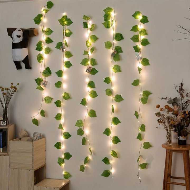 1Pc Artificial Plant Leaves Bail With Fairy Lights Battery Operate 7Ft Artificial Leaves Bail With 1Ft Fairy Light String Length  Leaves Garland With LED Lights For Room Decor  Wall Hanging Decor Home Decoration
