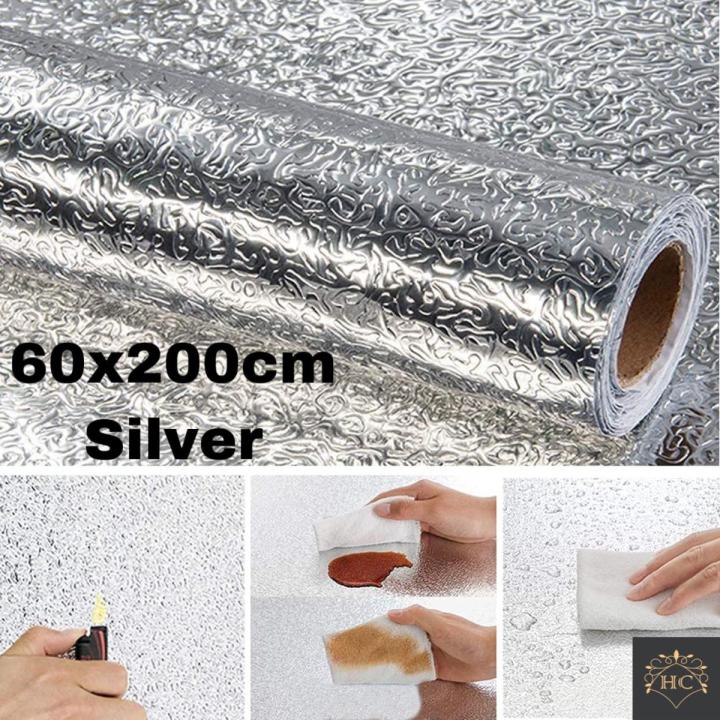 60x200cm Self Adhesive Aluminium Foil Sticker Roll, Oil Proof Waterproof Aluminium Sheet DIY Wallpaper, Backsplash Aluminium Sticker for Home, Kitchen, Stove, Cabinet, Wall, Drawers, Furniture, Silver Colour
