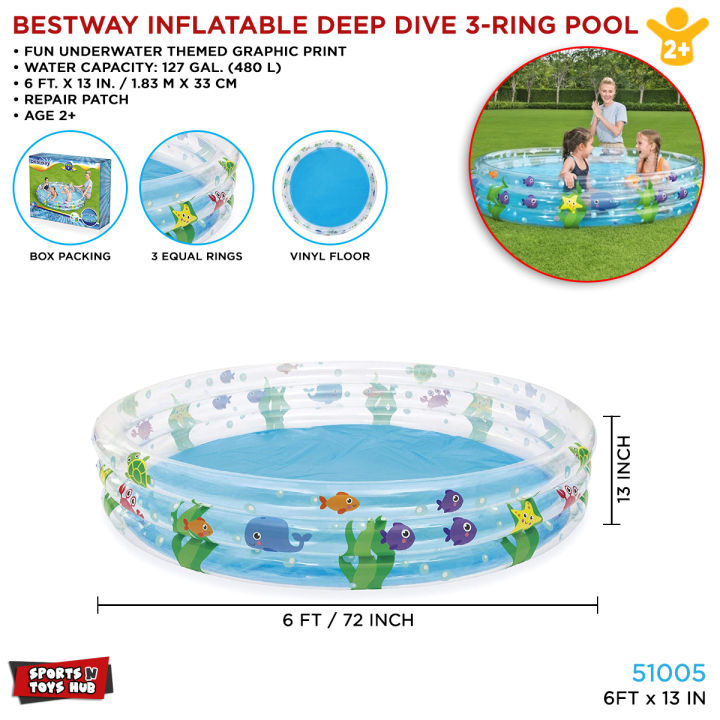 6Ft Bestway Inflatable Deep Dive 3-Ring Swimming Pool For Kids
