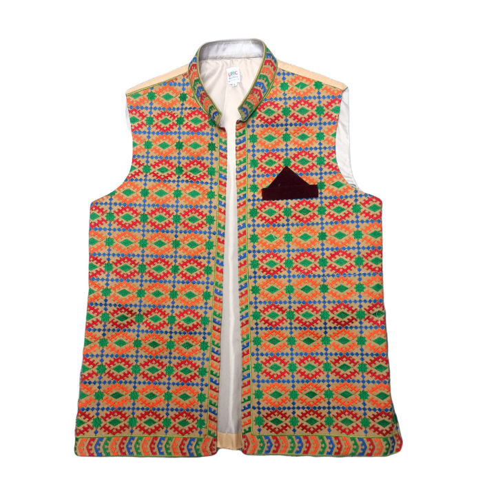 Embroidered Beige Groom Waistcoat for Boys Men Sleeveless Vest with Threadwork Embroidery & Maroon Pocket Square Koti