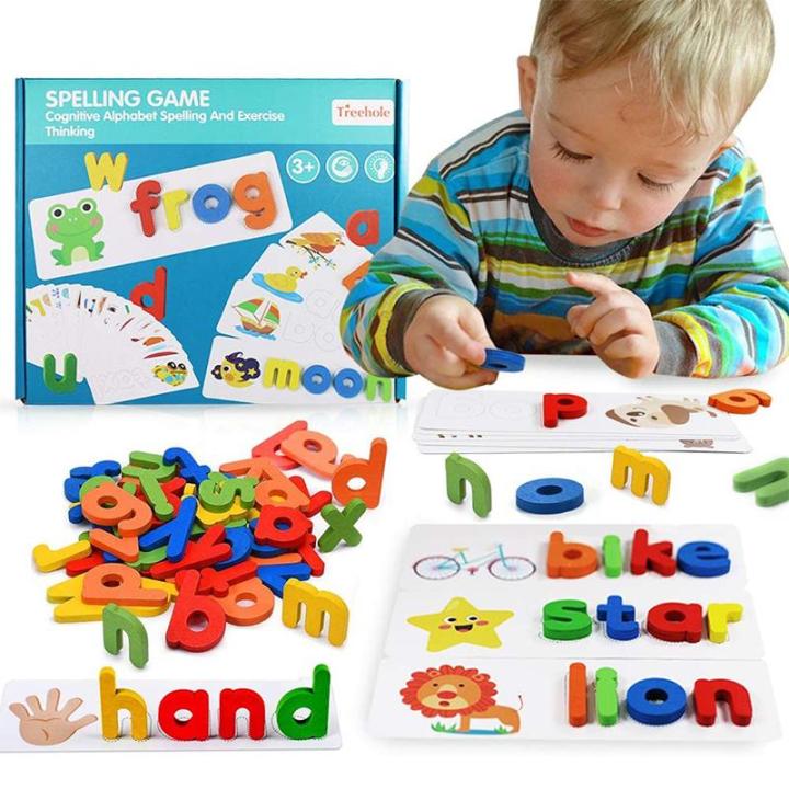 Spelling Games for Kids,Alphabet Puzzle Game Toy Set with Double-Sided Word Pattern Cognition Cards & 52 wooden letter blocks,Preschool Vocabulary Spelling for Kids Toddlers