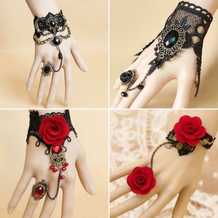 Gothic Red Rose Lace Bracelet for Women Punk Black Lace Bracelet Girls Halloween Jewelry All Saints' Day Gift Hand Accessories Fleursbiy