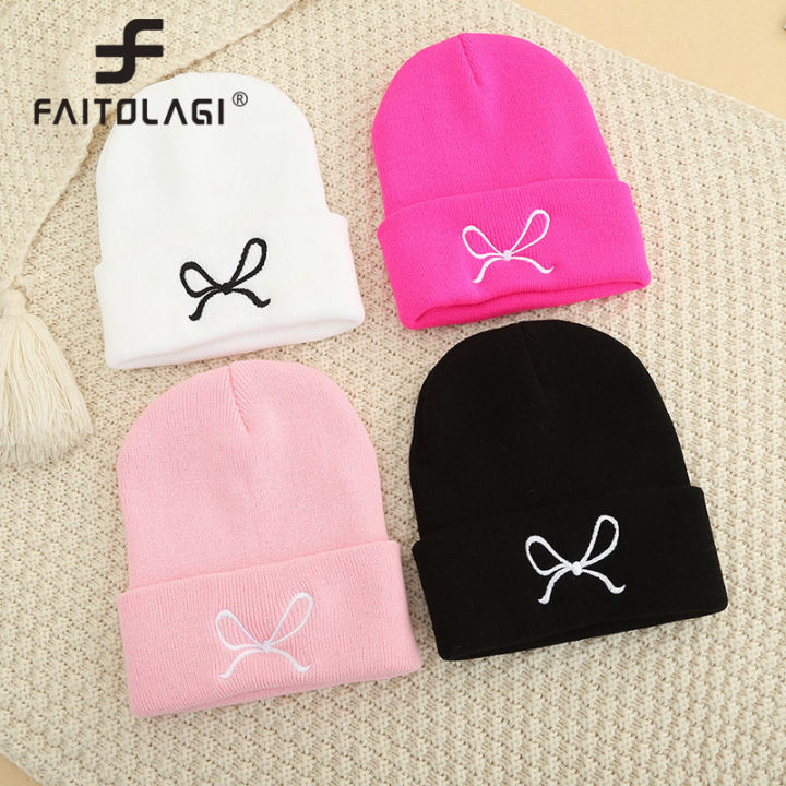 Y2K Bow Embroidered Beanie Cap Women Autumn Winter Warm Knitted Hat Korean Solid Color Female Girls Skullcap Bonnet