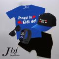 Pack of 5 Summer Kids Jhappi Lo Eidi Do Printed Tracksuit Half Sleeves Round Neck T-Shirt Glasses Watch Short With Printed Cap Tracksuit for Kids. 