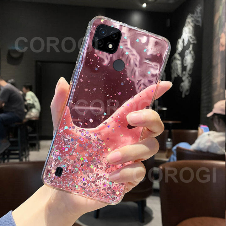 For Realme C21Y Cover Fashion Shiny Glitter Starry Space Girls Slim Phone Case Clear Green Soft TPU Silicone Bumper Shockproof Protective Back Cover
