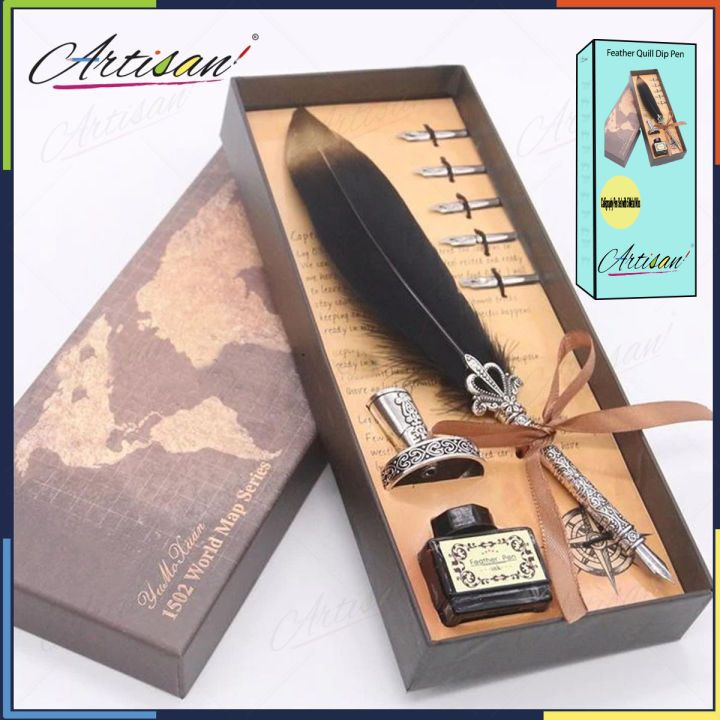 Artisan - Feather Quill Dip Pen Calligraphy Pen Set with 5 Metal Nibs Natural Handcrafted Luxury Quill Pen and Ink Set