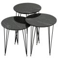Set of 3 Black Marble End Tables Round Wood Sofa Side Coffee Tables for Small Spaces, Nightstand Bedside Table with Metal Legs for Bedroom, Living Room, Office. 