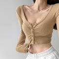 Women Button Down Crop Tops, Casual Long Sleeve Notched V Neck Solid Color Knit T-Shirts. 