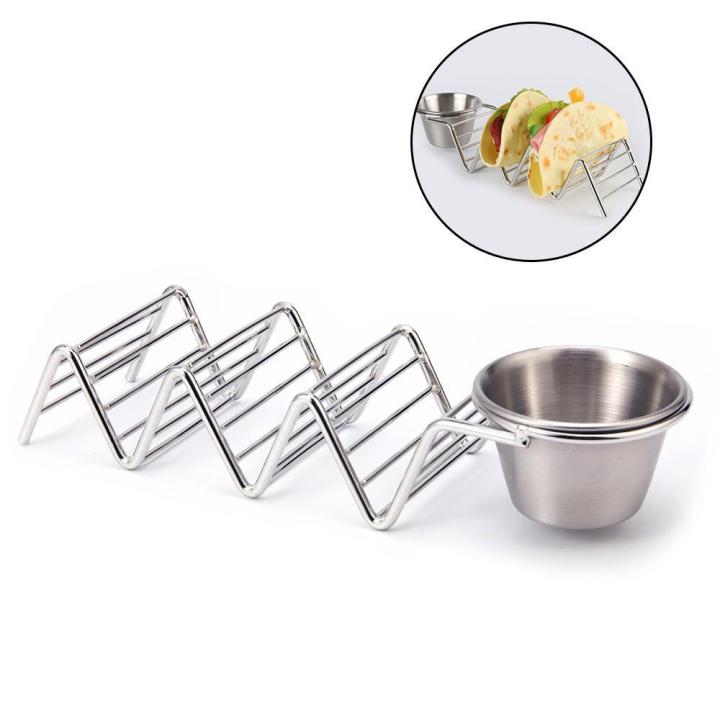 Stainless Steel Taco Holder Stand with Seasoning Cup Taco Truck Tray Rack Holds 3 Tacos for Baking Party Kitchen Tool