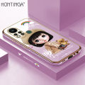 Hontinga for Infinix Hot 11S Back Cover Luxury 6D Plating Cartoon Satchel Girl Side Pattern Case Soft Silicone Square Phone Cases. 