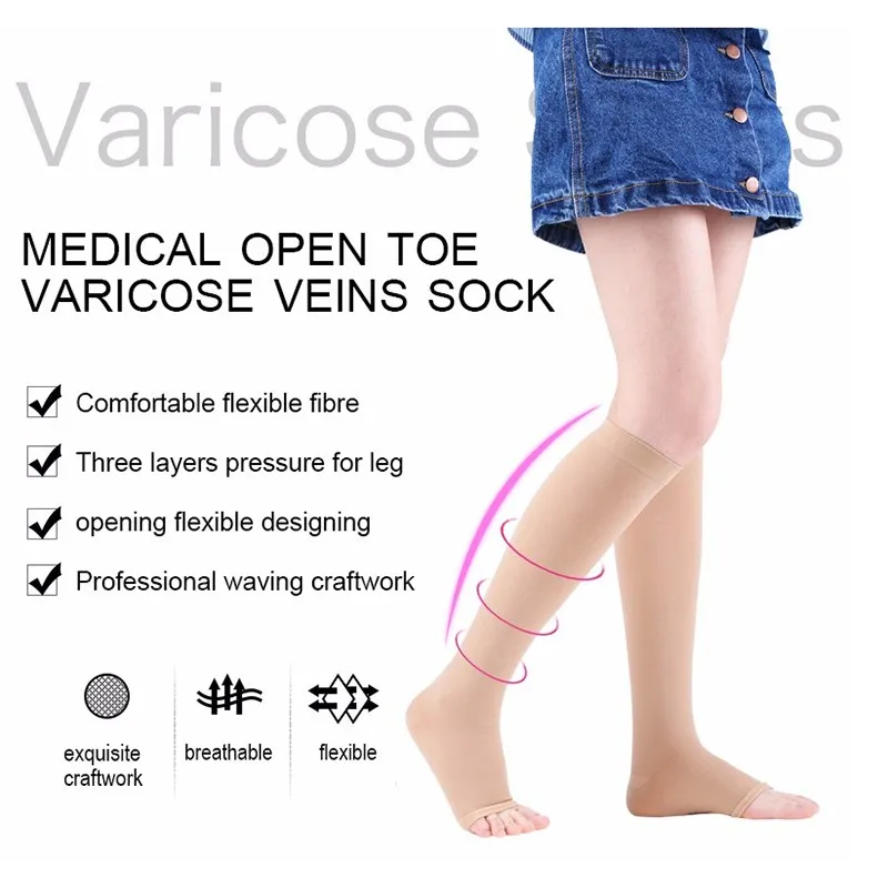 1 Pair Medical Compression Socks Varicose Veins Knee High Stockings 23 32mmHg Level 2 Men Women Open Toe Skin Black Daraz.pk