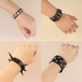 Spiked Studded Bracelet Black Leather Rivets Punk Bracelet Cuff Wrap Bangle Snap Button Metal Wristband for Men Women. 