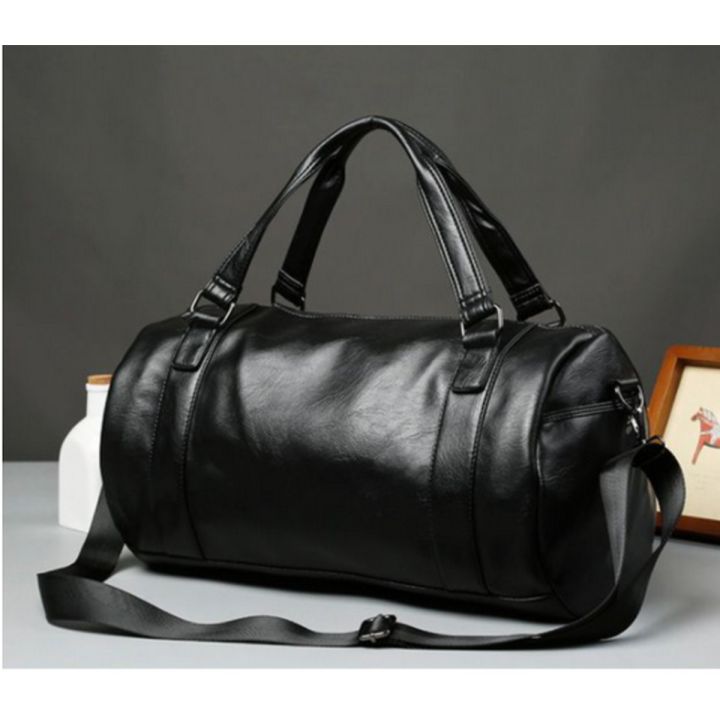 Black PU Leather Men s Large Roll Handbag Travel Duffle Gym Luggage Bag Tote Shoulder Bag with detachable long strap