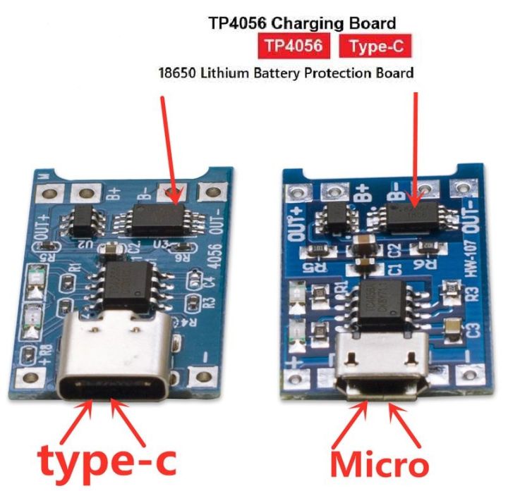 TP 4056 Charging Module 1A 18650 Lithium Battery Charger Module Micro USB and Type C With Battery Protection BMS - 3.7V