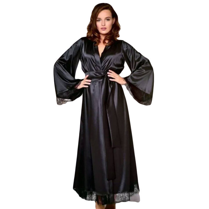 Bridal Black Silk Long Gown Nighty, Sexy Sleepwear for Women, Elegant Night Dress