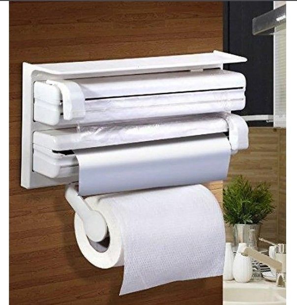 New Plastic Triple Tissue Paper Dispenser 4 in 1 Foil Cling Film Tissue Paper Roll Holder for Kitchen Triple Paper Roll Dispenser and Holder for Tissue Paper Roll
