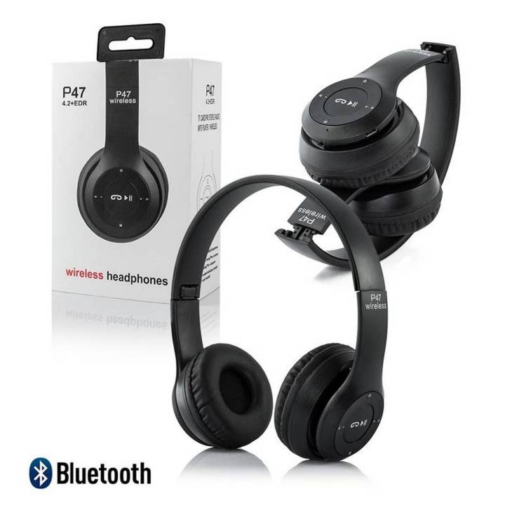 Original P47 Wireless Bluetooth Rechargable Headphones - Over Ear Foldable Headphone for Music Calling & FM Radio with Microphone Stereo Bass 3.5mm Audio Jack Support With SD Card Features