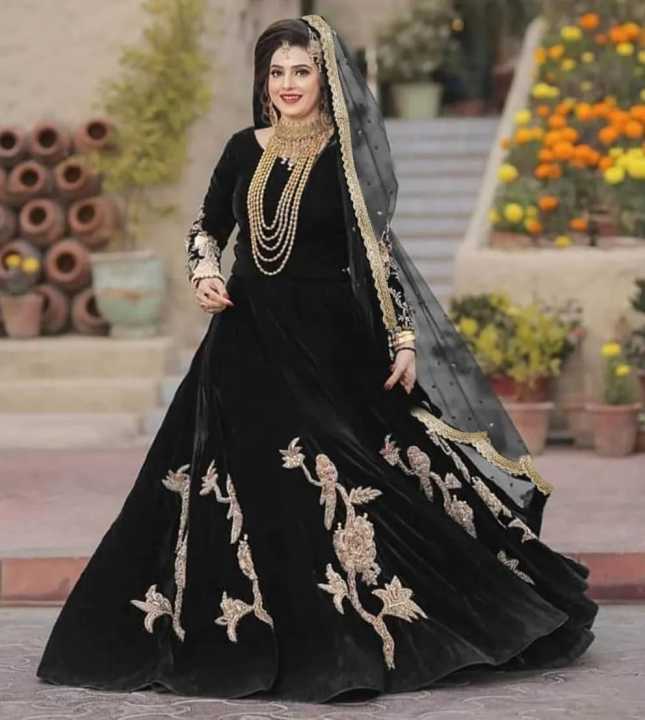 Stitched Elegant Long Embroidered Velvet Frock for Women with Dupatta & Trouser - Velvet Frocks for Women