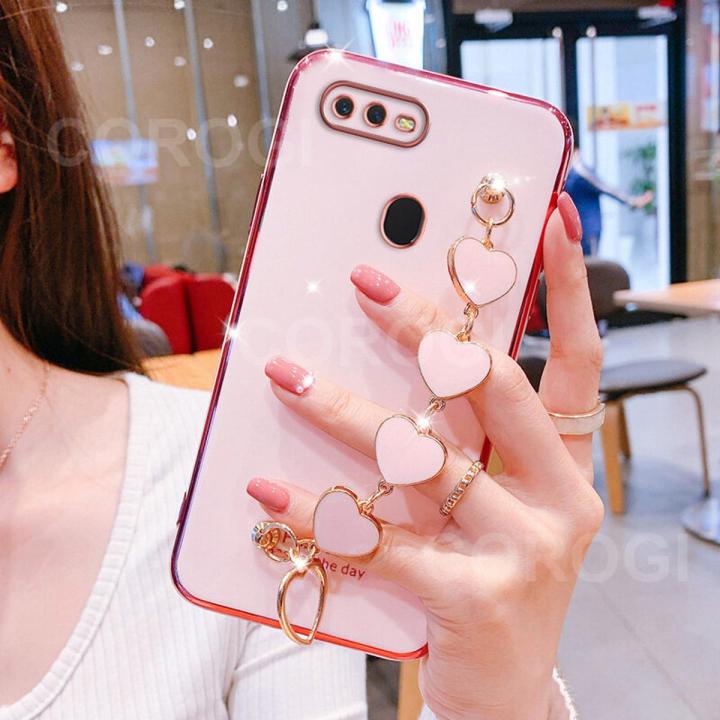 For OPPO A5s Cover + 3D Love Heart Wrist Strap Fashion Bracelet Ultra Thin Shiny Plating Bumper Phone Case Soft TPU Silicone Shockproof Protective Back Cover