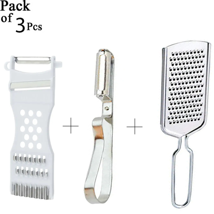 KitchenPro Combo Deals 3 Pcs Set - Cheese Grater Salad Cutter - Vegetable Fruits Peeler - 5 in 1 Vegetable Fruit Cutter Metal Scraper Fruit Grater Potato Carrot Cucumber -  Kitchen Accessories Cooking Tools