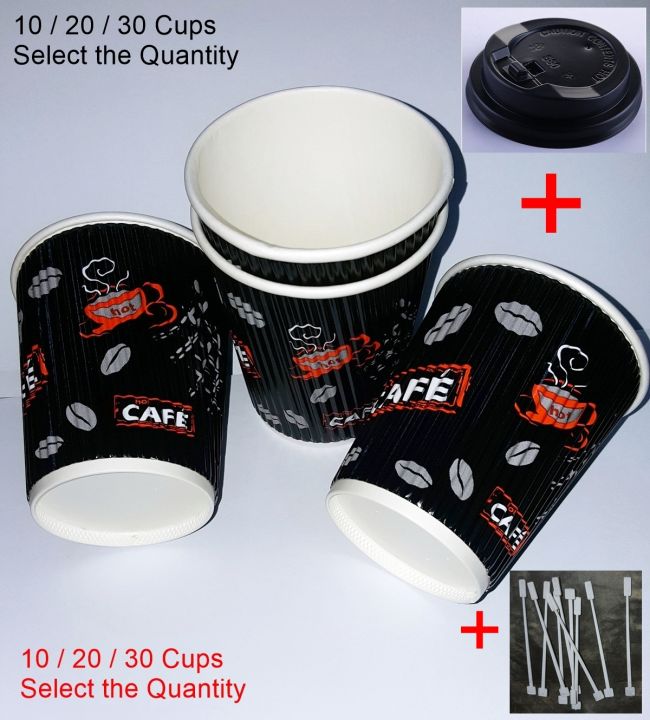 Disposable Coffee Cup / Disposable Tea Cup ( Insulated Double Layer Cups with Lids & Stirrer  ) ( 10/20/30 Cups )
