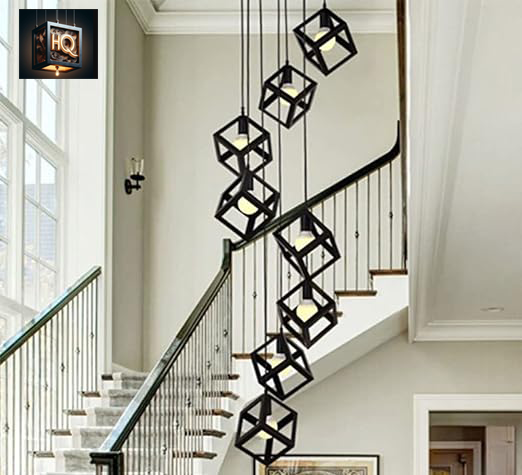 1 in 8 Multi square Lights Staircase Creativity Long Villa luxury staircase chandelier Large Pendant Lights Ceiling Light for Living Room Duplex House spiral Villa luxury staircase chandelier Black