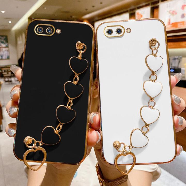LECOMES for OPPO A3s Back Cover with Love Heart Bracelet Luxury 6D Plating Frame Shiny Bling Camera Lens Protection Soft Silicone Phone Case Pouch for Girls Boys