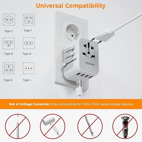 TESSAN Universal Power Adapter, International Plug Adapter with 4 USB Outlets, Travel Worldwide Essentials, All in 1 Wall Charger Converter for UK EU Europe Ireland AU (Type C/G/A/I) Grey
