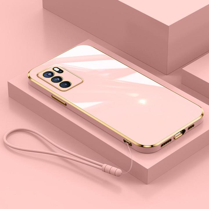 For OPPO A16 Cover with Wrist Strap Fashion Shiny Plating Square Bumper Girls Phone Case Soft TPU Silicone Shockproof Protective Back Cover