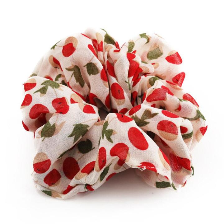 【Heartbeat Girl Store】Cherry Print Design Hair Scrunchies Ponytail Holder for Girls Hair Ties Gum Hair Bands Chiffon Fabric Hair