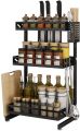 3 Tier Metal Countertop Kitchen Spice Rack Standing Corner Shelf Removable Seasoning Organizer Jars Bottle Storage Knife Utensils Holder with 3 Hooks, Black. 