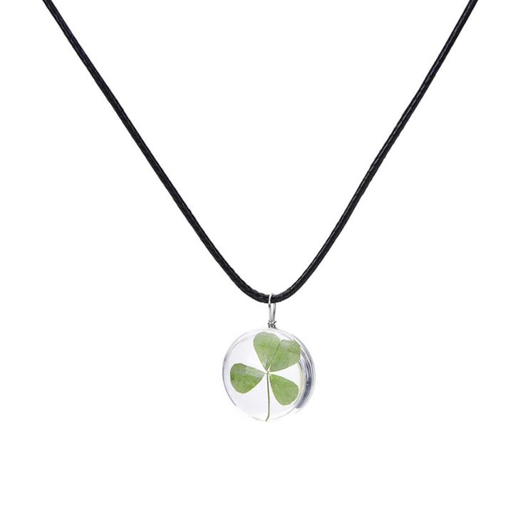Real Green Lucky Shamrock Four Leaf Clover Round Pendant Necklace Friends Gift,