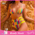 Women Swimsuit Deep V-neck Rainbow Color Push-up Splitted Swimwear. 
